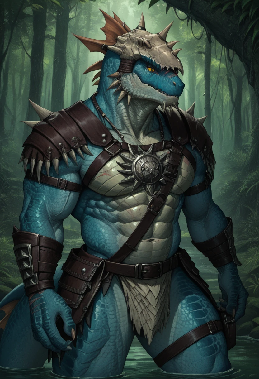 Gray skink lizard warrior,comic book style, illustration, solo, ferocious, male, [proud pose], masterpiece, best art, armor, full body, digitigrade, by laobai, forest background, abs, loincloth, red fins, blue tail, lizard, scales on body, gray body, masculine body