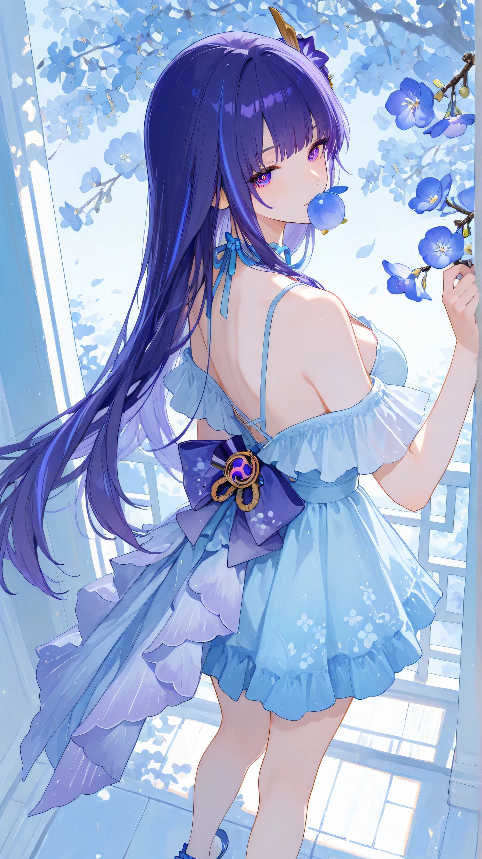 Raiden Ei, A simple dress in blue and white, slightly open shoulders, blue and white shoes, against the backdrop of a blooming cherry tree.