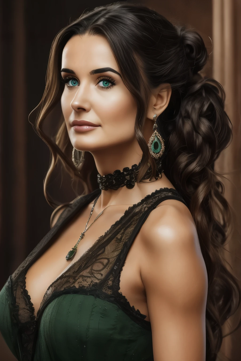 Gorgeous Demi Moore, 35 years old, perfect brunette hair, perfect green eyes, perfect hands, perfect elaborate hair, diamond choker, full body, UHD, retina, masterpiece, accurate, anatomically correct, textured skin, super detail, high details, high quality, award winning, best quality, highres, 16k, 8k.
