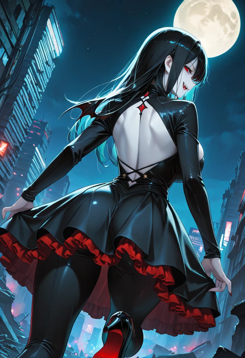 (((masterpiece))), (((best quality))), 1girl, black very long hair, blue eyes, eyes masterpiece, black modern dress, medium breasts, tights, night, city, full moon, dark atmosphere, mysterius atmosphere, bats,