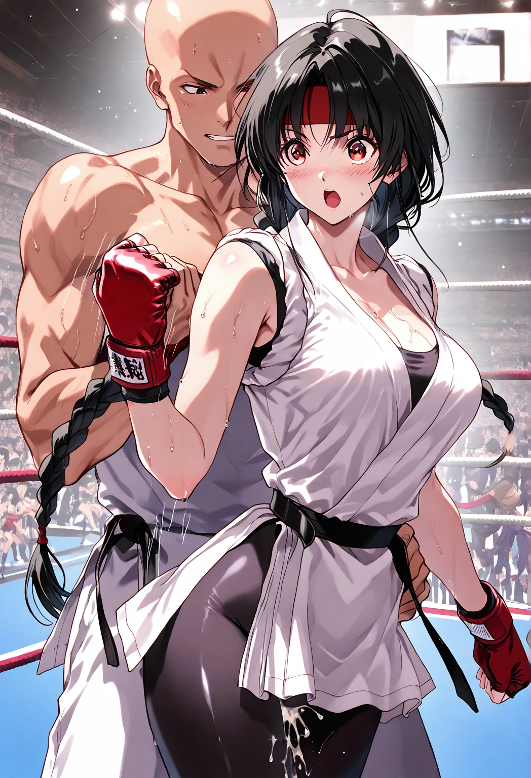 high quality, girl, Long black hair tied into a ponytail, Brown eyes, Smile,blush,Wearing black low-cut underwear, Black stockings，Black briefs，Wearing white boxing gloves, Hands in boxing gloves，Cross your arms，Cleavage，nipple，Ride on the opponent and punch him hard