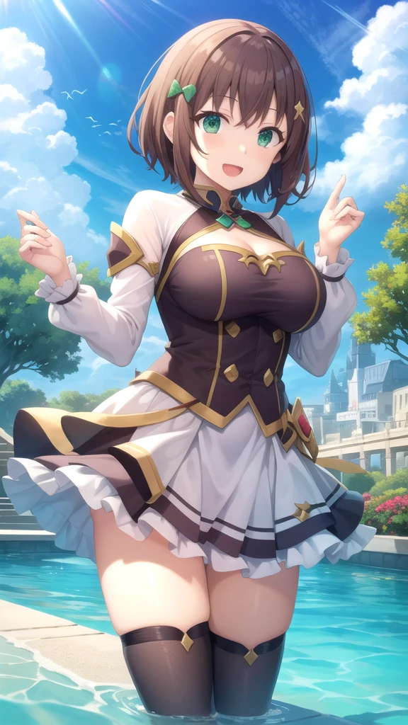 masterpiece, best quality, highres, eebalti, short hair, ahoge, french braid, mini hat, orange bow, plaid, sleeveless shirt, center frills, arm strap, white gloves, navel cutout, belt, white skirt, miniskirt, <lora:baltimore_v1:0.7>, standing, cowboy shot, outdoors, field, arms at sides,
