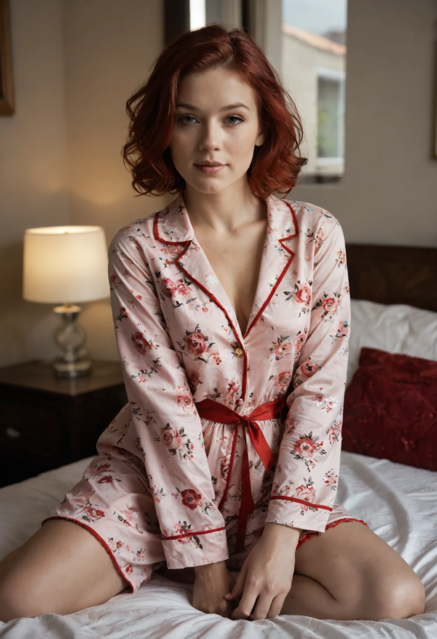 There is a woman sitting on a bed wearing pink floral pajamas., red-haired girl, beautiful Redheaded woman, Redheaded woman, young red-haired girl, Short shiny red hair, Red hair and attractive features , Anna Nikonova aka Newmilky, red-haired girl, redhead, beautiful woman, posing in bed , red head, with short red hair, posing in a room