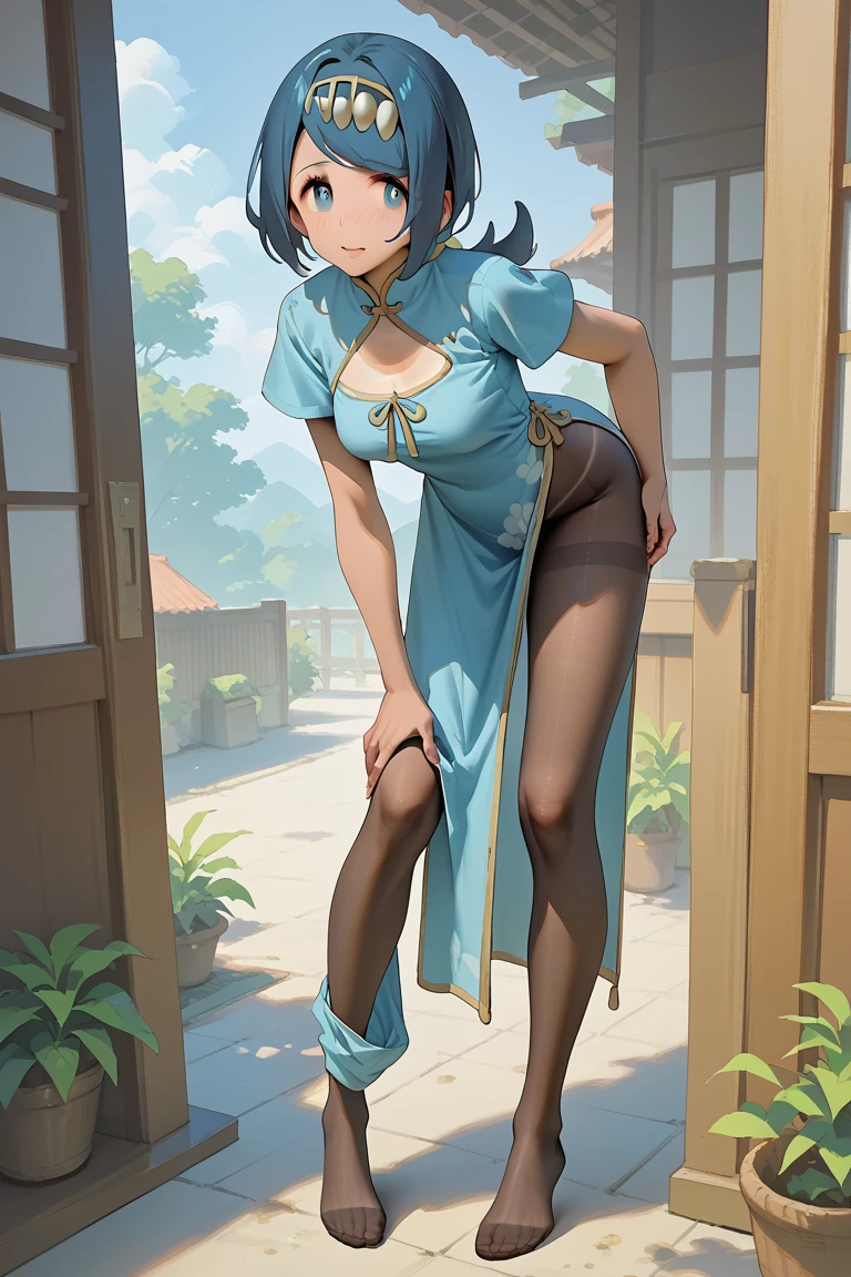 ((top-quality))、((masterpiece))、1girl in、Formal-up、beautiful detailed eyes and face、pretty skin、a very cute、22year old、School swim wear(darkblue、Simple design、Matte texture、Wrinkle、Polyester material、Nero、shadings、)Wet body、Anime Face、Beautie、Facing the front、big eye(Beautiful fece、Anime Face、Clear eyes、Fine details、Beautiful eyes)Well-formed face(Beautiful nasal muscles、Perplexed、sharp mouth)full of sweat、sodden、Wet feeling、Background with(sunny sky、takeout)、8K picture quality、perfectly proportions、A slender、red blush、female focus on, hair adornments,length hair, Look at viewers,