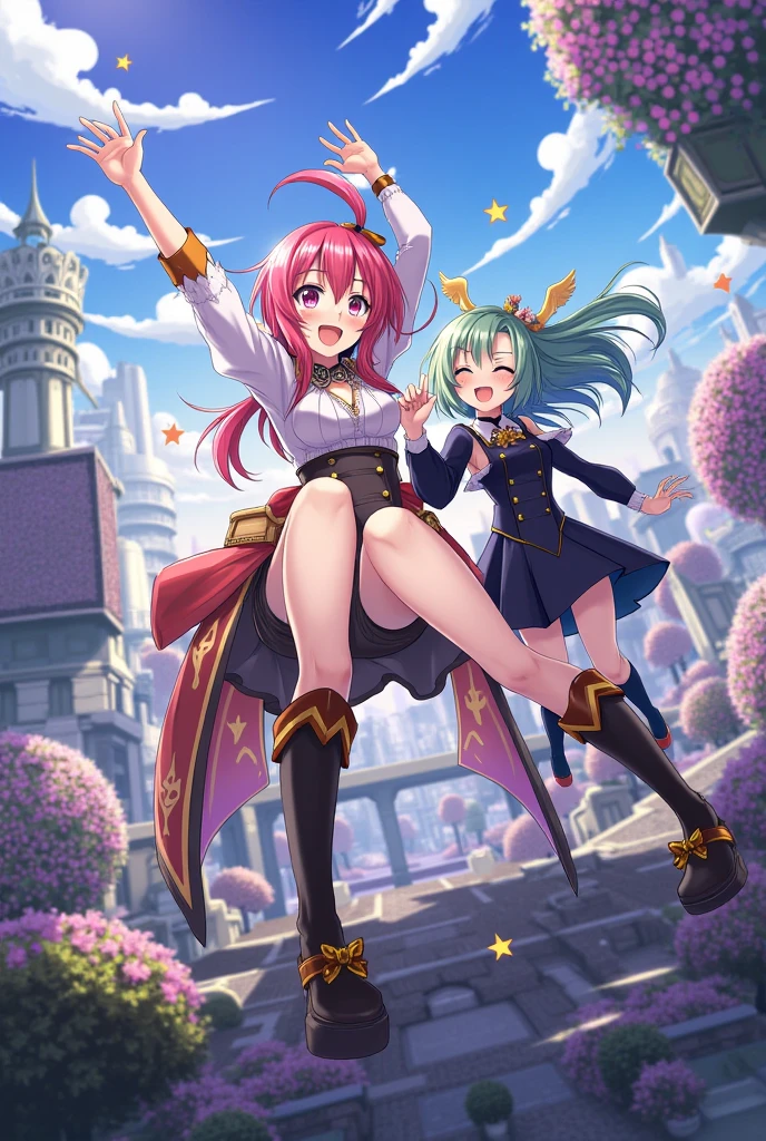 3girls, giantess art, highly detailed giantess shots, giantess, most detailed, perfect face, Two legs, Five fingers, A beautiful girl who is bigger than a skyscraper, Wearing rimless glasses, smile, huge breasts, magical girl dress, bow, magical girl, holding a magical wand, black pantyhose, stiletto heels, thunderbolt from a magical wand, Destroying cities, Under heavy attack, A very small big city, Miniature metropolis, Full body description, GTS, giga giantess, stomping city, crash city, tiny city, micro city, pantyhose feet, High resolution, highest quality, masterpiece, 