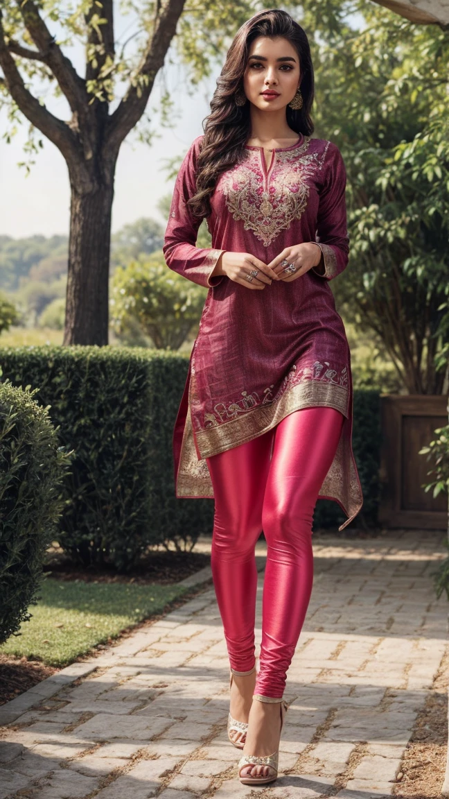 ((photo of 20 year old beautiful girl, beautiful and charming girl)), ,
((((Full body shot:1.5)))), (full body in picture), (full body photo Close-up photo of the shin), (Indian babe), (attention standing posture, separate legs), (looking at viewers, front view shot, from_fronts),
best quality, movie studio lighting, illustration at Very detailed, ultra high resolution, depth of field, caustic, natural shading,  masterpiece, hyper realistic, hyper detailed, photorealists, 8K, HDR, High resolution, (1girl), (Blurry background), (Bokeh:1.2), RAW photo, complicated details, extremely detailed, candid picture, candid shots, extreme detailed, colorful, highest detailed, (iconic picture shot, perfect brightness, perfect contrast, perfect colour), 
hair is one eye, purple eyes, Golden blonde hair, side bangs, sharp eyeliner, blush eyeshadow with thick eyelashes, lip gloss  very delicate and beautiful, round chin, round earrings, sharp eyes, letter choker, (symmetrical eyes), (perfectly symmetrical body),
(pretty face, iconic face), (perky breasts, perfect rounded breasts, attractive breasts, perfect symmetrical breasts), (attractive body figure, perfect body figure, perfect figure, curvy_figure, straight body figure, wide body posture), skin_tight, (thin), smile,
(Fancy High heels), 
(beautiful girl in Indian outfits), ,
(((Fancy kurta with skinny sleeves, (upper bodycon but down flared kurta), fancy kurta, iconic kurta, embroidery kurta, skinny long sleeves, elegant ruffled kurta), (fancy leggings, beautiful leggings, leggings))),