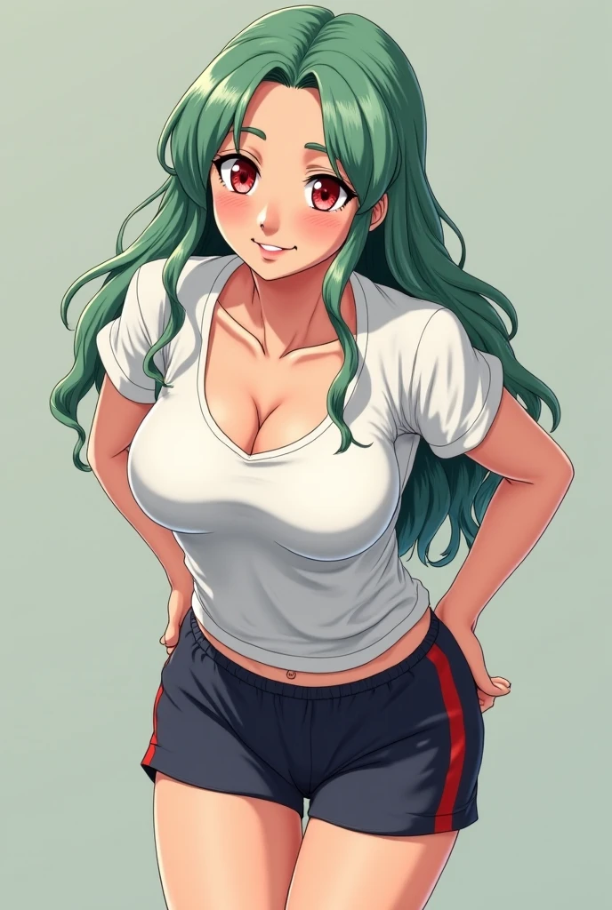 (2D Anime Style),(Breakdomain Style:1.5),(girl1),(woman1),(Solo portrait of a girl:1,5),(slender body),(structured),(hot),(mature and sexual body),(big ass), (mature and sexual body ), (slender body), (physical attributes such as large breasts and ass), (anime), (white skin color), (Super gigantic breasts:1.5), (with long green hair), (green eyes ),(an 18 year old woman, with white socks),(wearing),+,(and a sexy dress, dressed in a heroine costume consisting of a white sleeveless jumpsuit with a super short white skirt that is tight and straight at the back front and straight at the back breast size, they are size AA+),(Super short skirt:1.5)