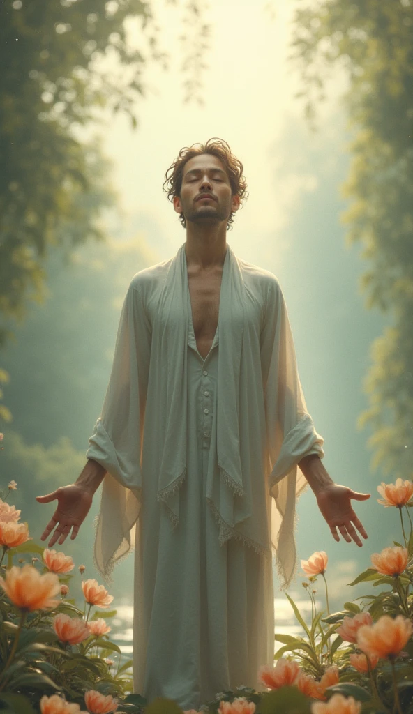 (photorealism:1.2), beautiful krishna, sitting on flower, wearing loose off-shoulder top, pajama pants, long curly hair, indoors, soft lighting, plants in background, window with sunlight, cozy room, relaxed pose, realistic, intricate details, warm colors, by Greg Rutkowski, by Alphonse Mucha