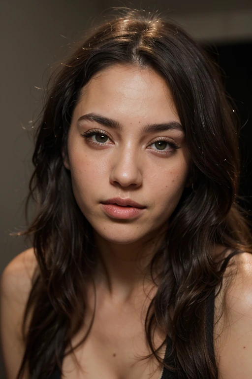 ((best quality)), ((masterpiece)), (detailed), perfect face realistic photo of beautiful woman with long dark brown hair, Russian, influencer, light freckles, dark brown eyes, big lips, no makeup, instagram, next to black wall, sexy pose, naked