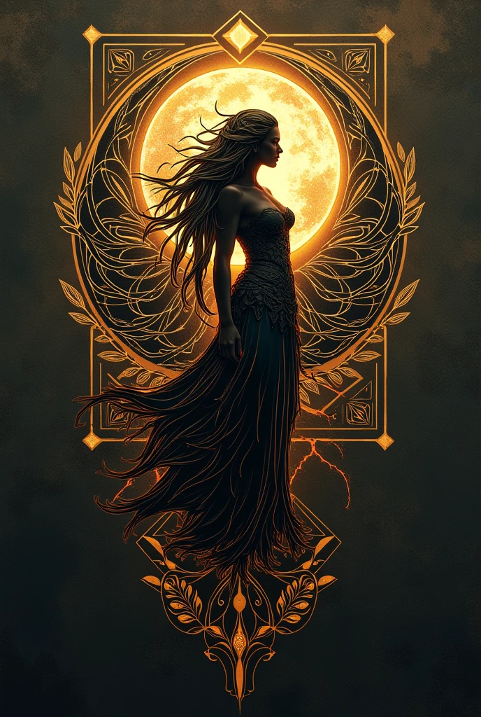 1 woman, long brown hair, goddless, wings of gold, mythology, seductive look, complex background, full body photo, ((35mm, atmospheric perspective, panorama, cinematic lighting, depth of field, Surrealism, 16k, best quality, high details, masterpiece, textured skin, highres))