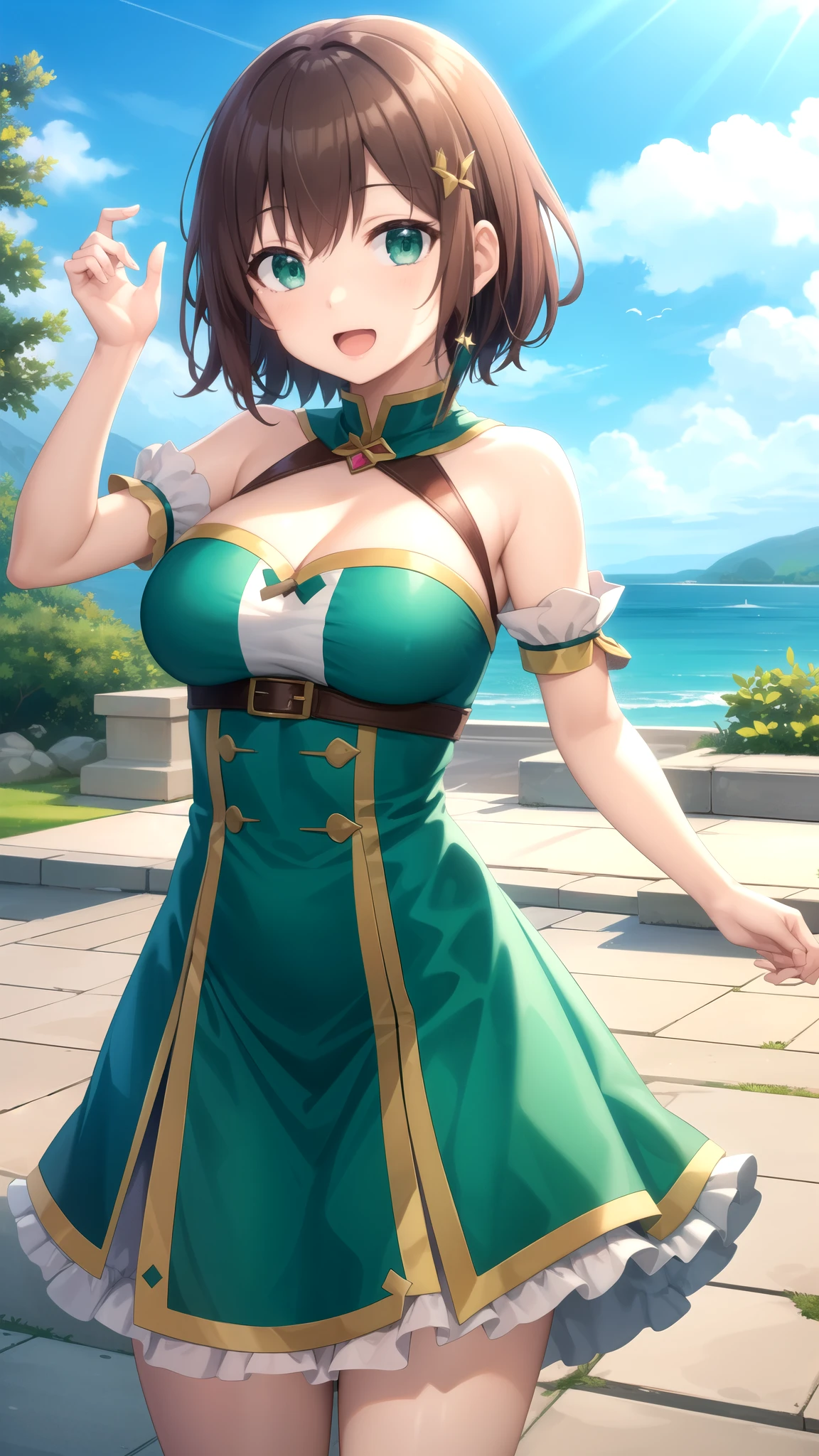 Masterpieces, Best Quality, girl, looking at viewer, kazuma satou, short hair, brown hair, green eyes, large breasts, princess connect Re:Dive cosplay, princess Dress, standing, smile, open mouth, outdoors