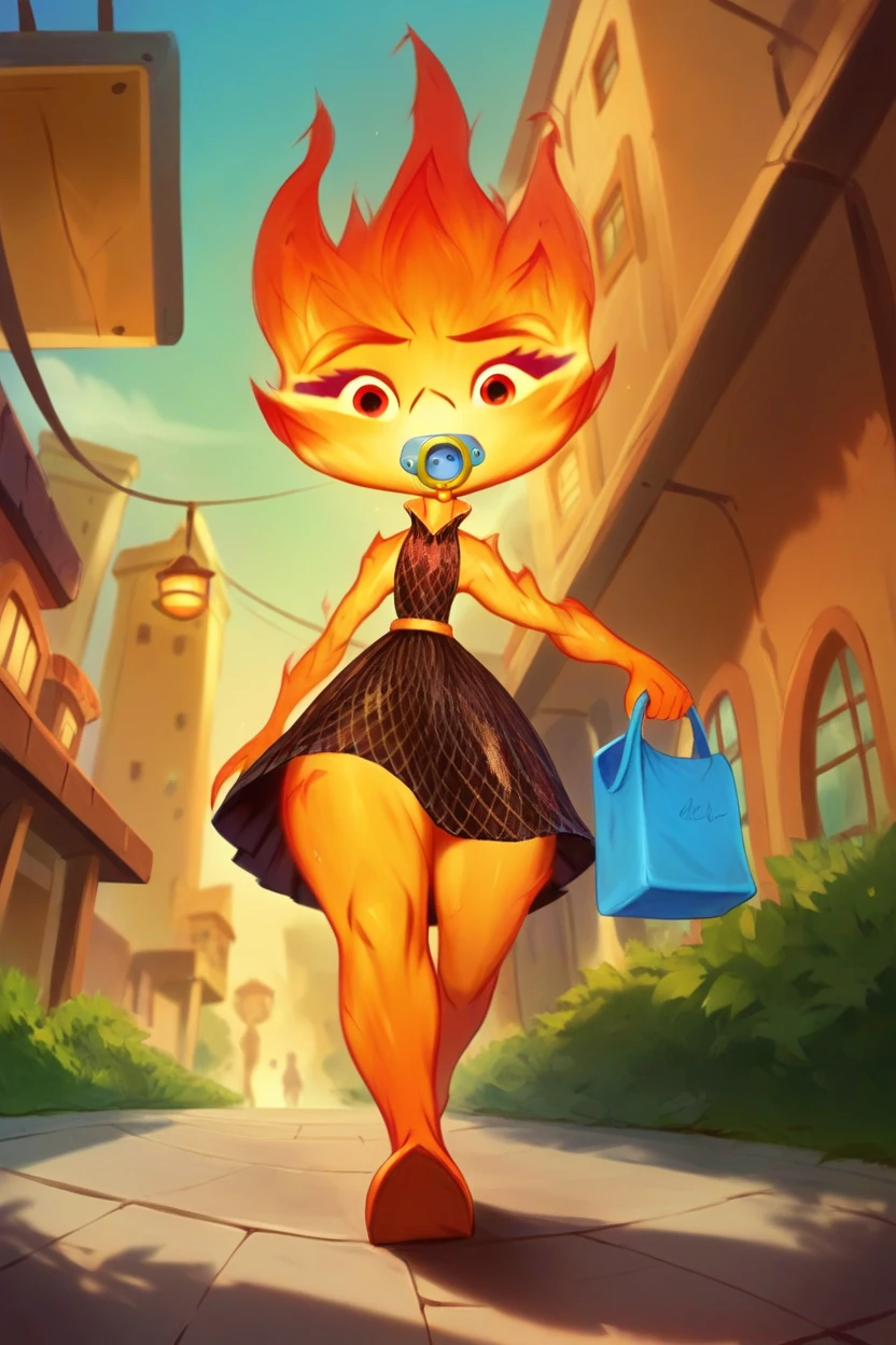 1girl, ember lumen (elemental from disney), solo, female, sexy girl, perfect eyes, red fire skin, sexy, full body, view from back, focus butt, black clothes, butt, store background, orange lips, thick lips, smile, open mouth, teeth, dress, skirt, wide hips, big breasts