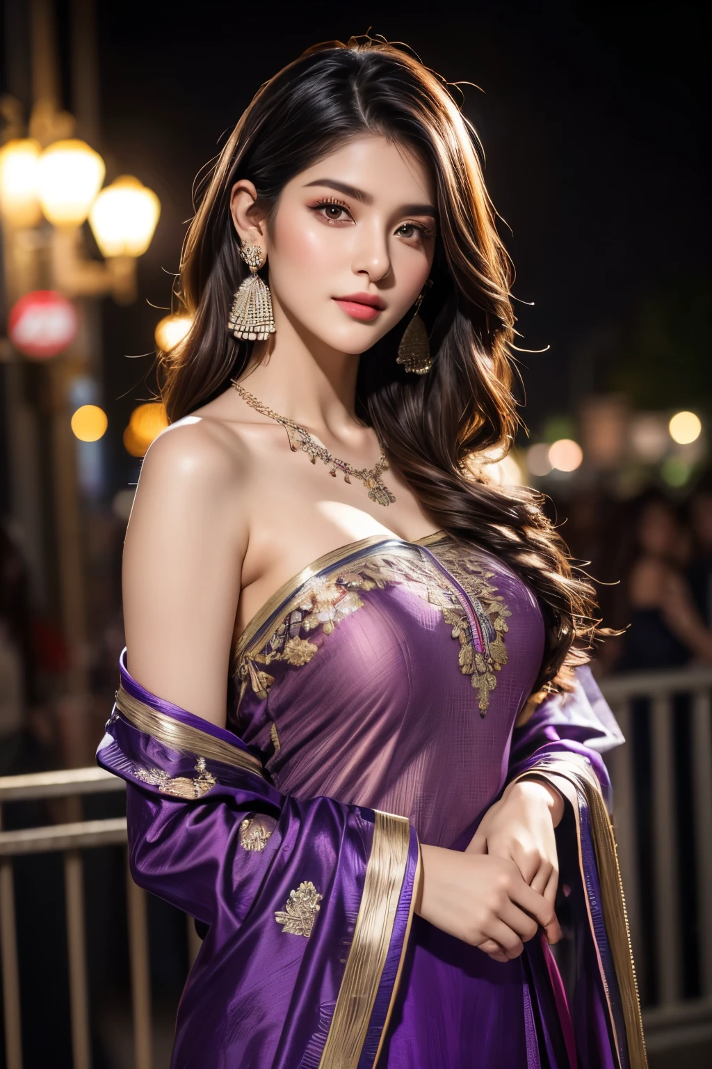 Arafe woman wearing sari and necklace, complex set, Bejeweled, Wearing complicated clothes, Exquisite Jewelry, with Intricate details, Elaborate costumes, Wearing elegant jewelry, Intricate details. from the front, Black Jewelry, Jewelry made with attention to detail, high Intricate details, Hand Jewelry Model Photos, Close-up portrait, Complex beauty, Exquisite Jewelry, side view Intricate details, masterpiece, 最high quality, high quality, High resolution, Beautiful Face、(Realistic Face)、Realistic eyes、beautiful detailed eyes、Realistic Skin、Beautiful Skin、Ultra-realistic、Very detailed、Beautiful lighting、Sharp focus、Various poses、超Detailed face、fine aiole hair、((Extra long brown hair:1.2))((Loosely inward wavy hair:1.2)),Beautiful hairstyle、Detailed face、Exposed breasts、Cleavage、(Big Breasts)、Incredibly stupid, It seems ridiculous.,((wearing Big floral mini dress:1.3))、((A shy smile:1.3)),((Lakeside at night,The gentle goddess sits under the tree,Silver moonlight shone on her:1.3))，,((full figure supermodel standing, entire body in frame))fullbody shot、((Move your center of gravity back to th tree with hands up:1.3)), 　