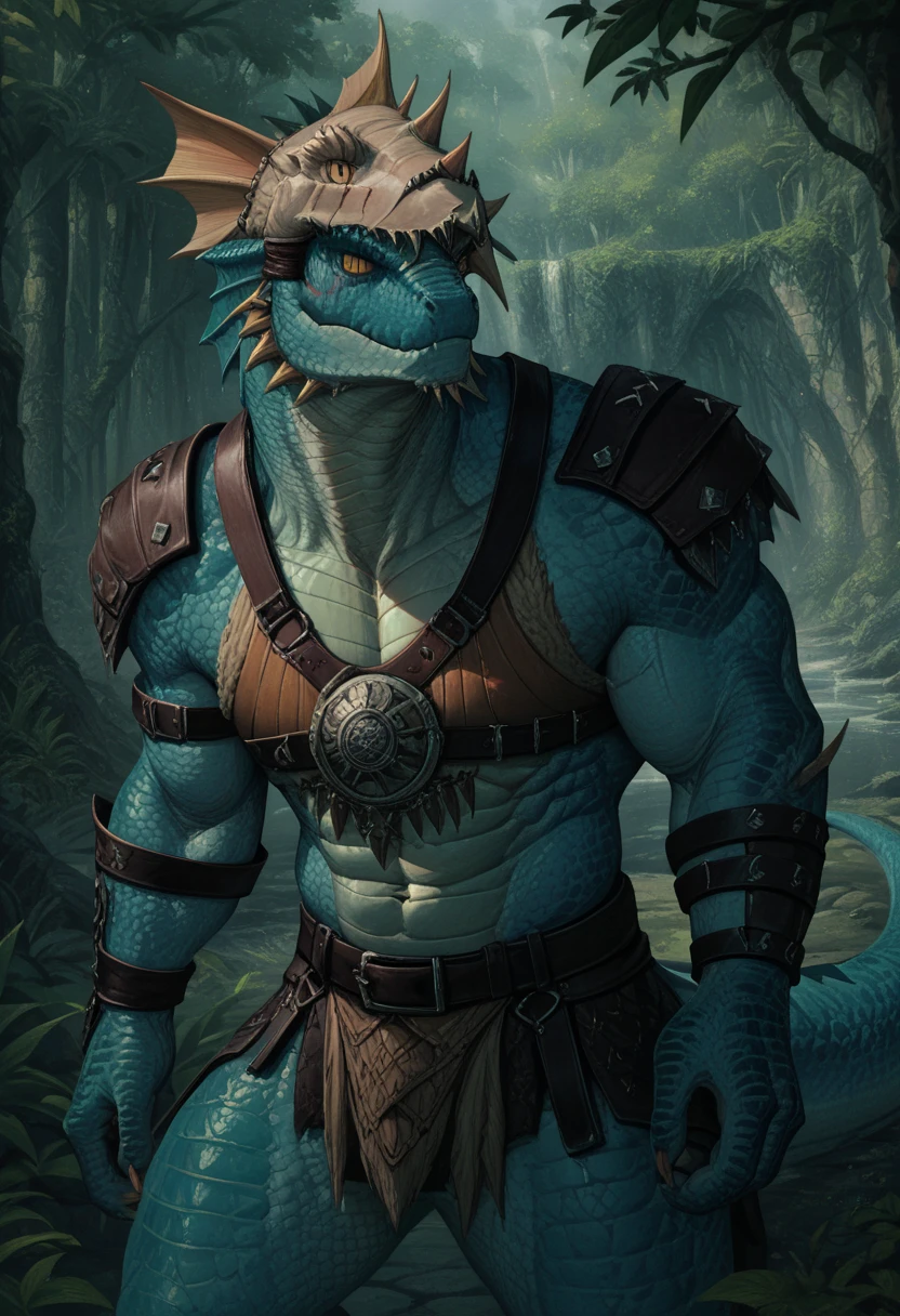 a ferocious male lizardfolk mercenary, muscular detailed body with claws, masculine pose, tall topless with pecs and abs, wearing pants and belts on chest, comic book style illustration, best quality, 4k, ultra-detailed, realistic, by laobai, by taran fiddler, by honovy