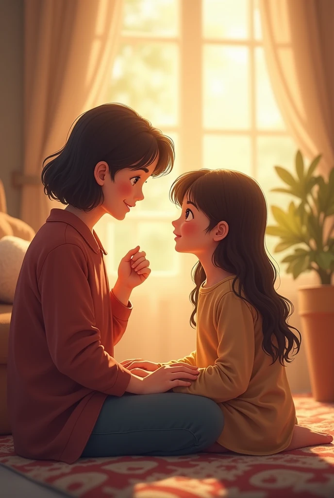 A mother sits on the edge of her daughter's bed, gently stroking her hair with a tender expression. The young girl looks up at her mother with a mixture of anxiety and relief, her small hands still gripping the corner of the blanket. The room is softly lit, creating a warm and comforting atmosphere. The mother's gentle touch is calming the girl, as her hair is being smoothed down.