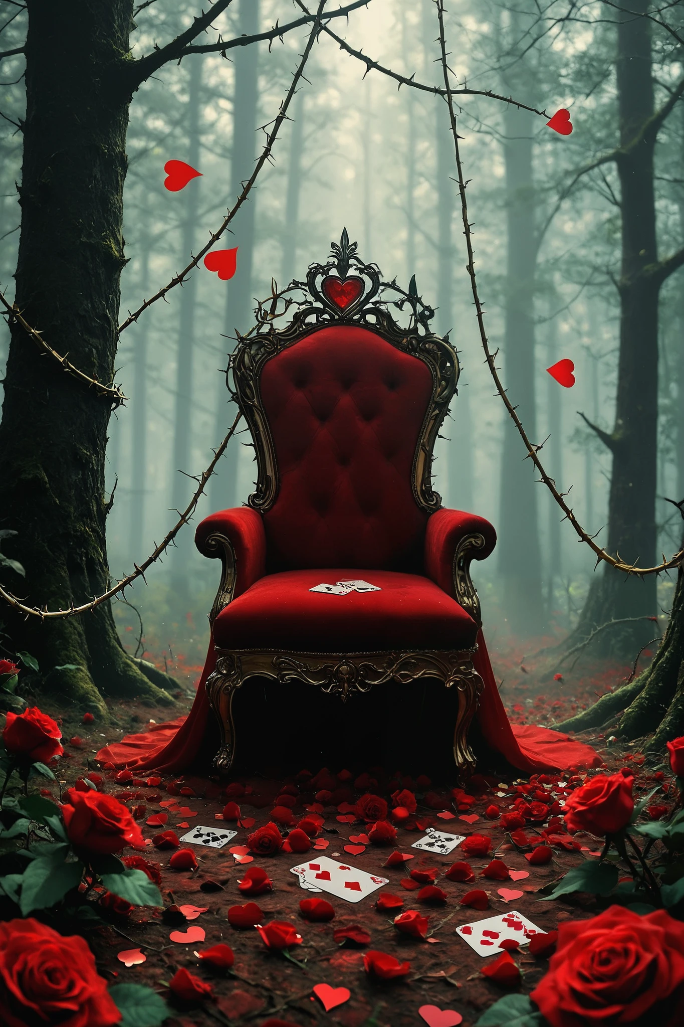 An enchanted and dark forest with a magical and mysterious atmosphere. The tall, twisted trees have reddish and golden leaves that reflect a faint mystical light. The thick fog covers the ground, creating a dreamy environment. Red roses with sharp thorns grow entangled in trunks and branches, giving off a faint glow. Playing cards with symbols hearts float softly in the air, as if they were under a spell.
In the middle of the forest, an imposing rose throne rises majestically. It is completely made up of bright red roses and golden thorns that intertwine, giving it an elegant but dangerous appearance. Small dewdrops reflect the faint light, as if they were diamonds on the petals. The back of the throne has a large crown of thorns with a red heart in the center, symbolizing absolute power. Around you, the ground is covered with scattered petals, reinforcing the feeling of royalty and mysticism