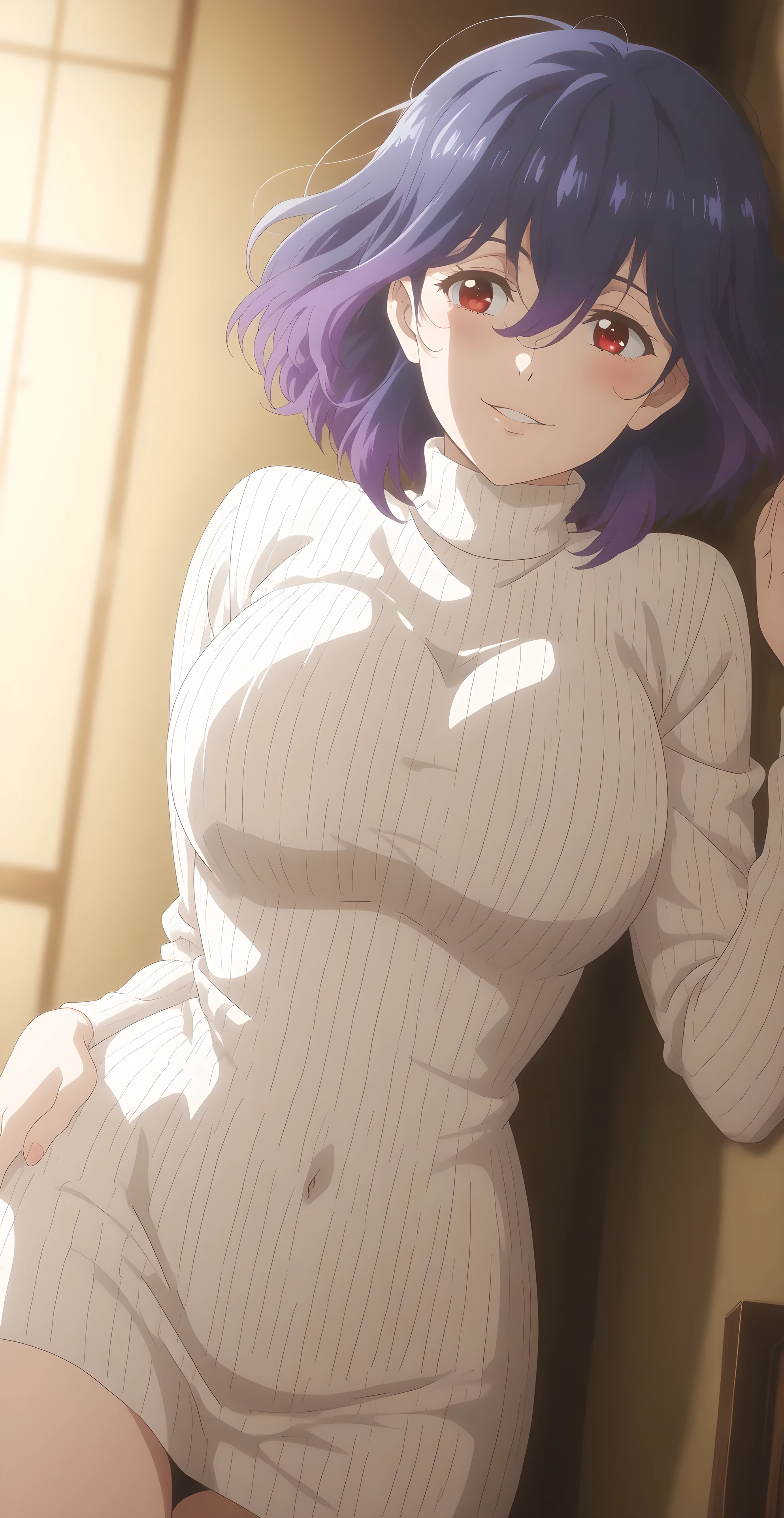 BREAK nsfw,anime coloring,anime style,clean lines,anime eyes,(anipai_style: 1.05),ultra-fine contours,(smooth and precise lines: 0.32),anime style clean lines,(thin and flawless line art: 0.65),professional fine line detail,refined and polished contours,(smooth and perfect edges: 0.82),no jagged or broken lines,masterpiece,best quality,ultra-detailed,ultra-fine contours,clean lines,delicate line art,fine details,high definition,precise edges,professional inking,smooth strokes,high resolution,sharp lines,vibrant colors,smooth shading,intricate details,soft lighting,perfect anatomy,expressive eyes,professional illustration,anime style,well-defined edges,refined textures,anime screenshot,(deep skin),depth of field,dramatic light,high quality,highly detailed,(anime_screenshot:0.7),{(image_\\(original anime Quality\\))},best quality,very aesthetic,absurd,{{{{((quality \\(anime screencap\\)))}}}},newest,year 2025,year 2024,year 2023,ultra high anime resolution,32K UHD, sharp and clean focus,pleasant atmosphere,with high-end texture,anime fashion photography style,(clean theme).
Girl, breasts, confident, navel covered, lying down, sideways, facing viewer, hand on hip, large breasts, blushing, smile, dress, alone, curves, parted lips, sheer clothing, turtleneck, thighs, turtleneck sweater, tight clothing, sweater, short dress, sheet, vermeil, red eyes, hair between eyes, blue hair, purple hair, multicolored hair, medium hair. Anime screencap.