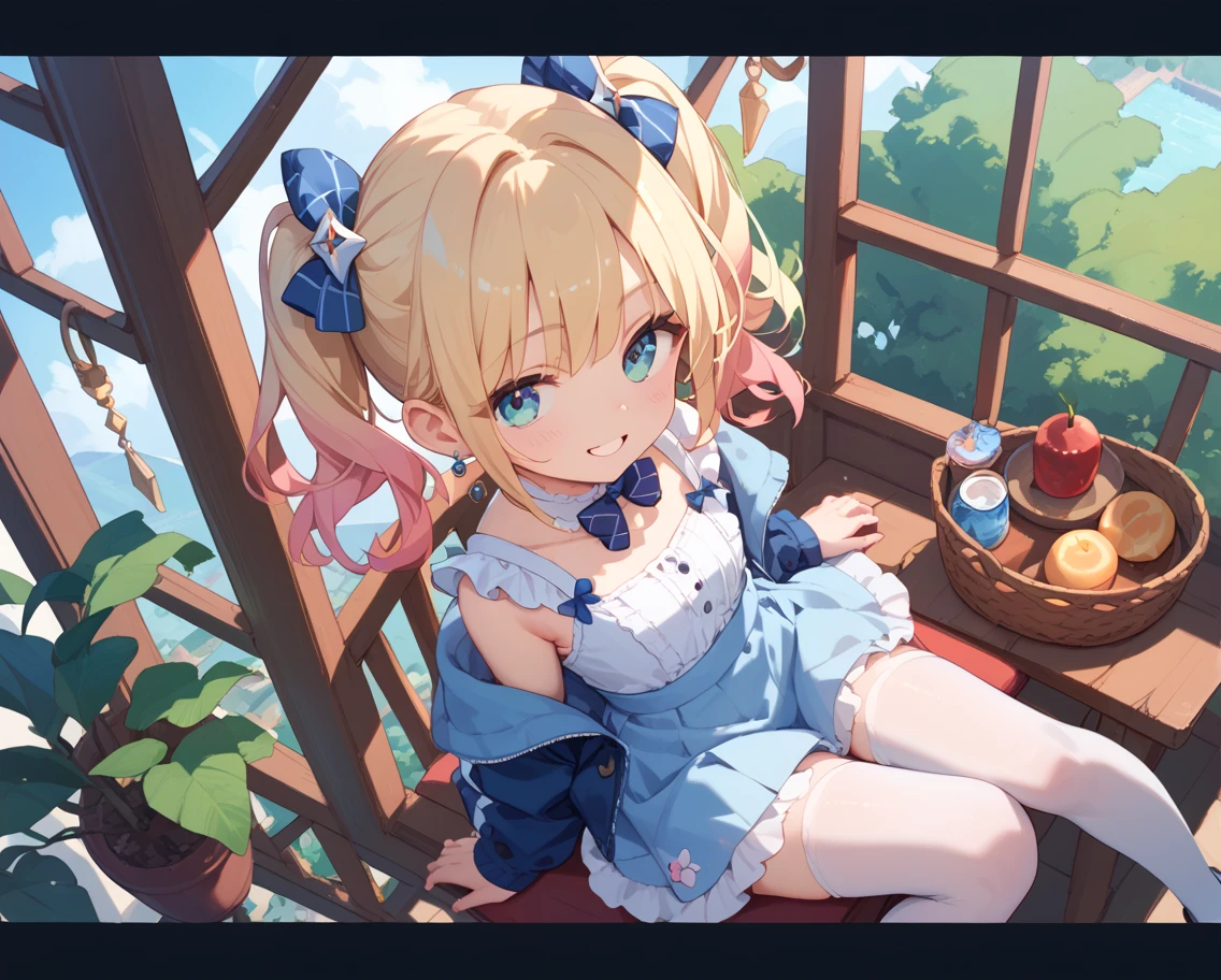 Highest quality, Ultra-detailed, Lolita Fashion, One Girl(8-year-old),Beautiful girl,Laughter, Arms crossed, Platinum Blonde Hair, At Moai Island,Flat Chest,Perfect limbs,The morning sun shines、pantyhose、Spread your legs、Bloomers with lace