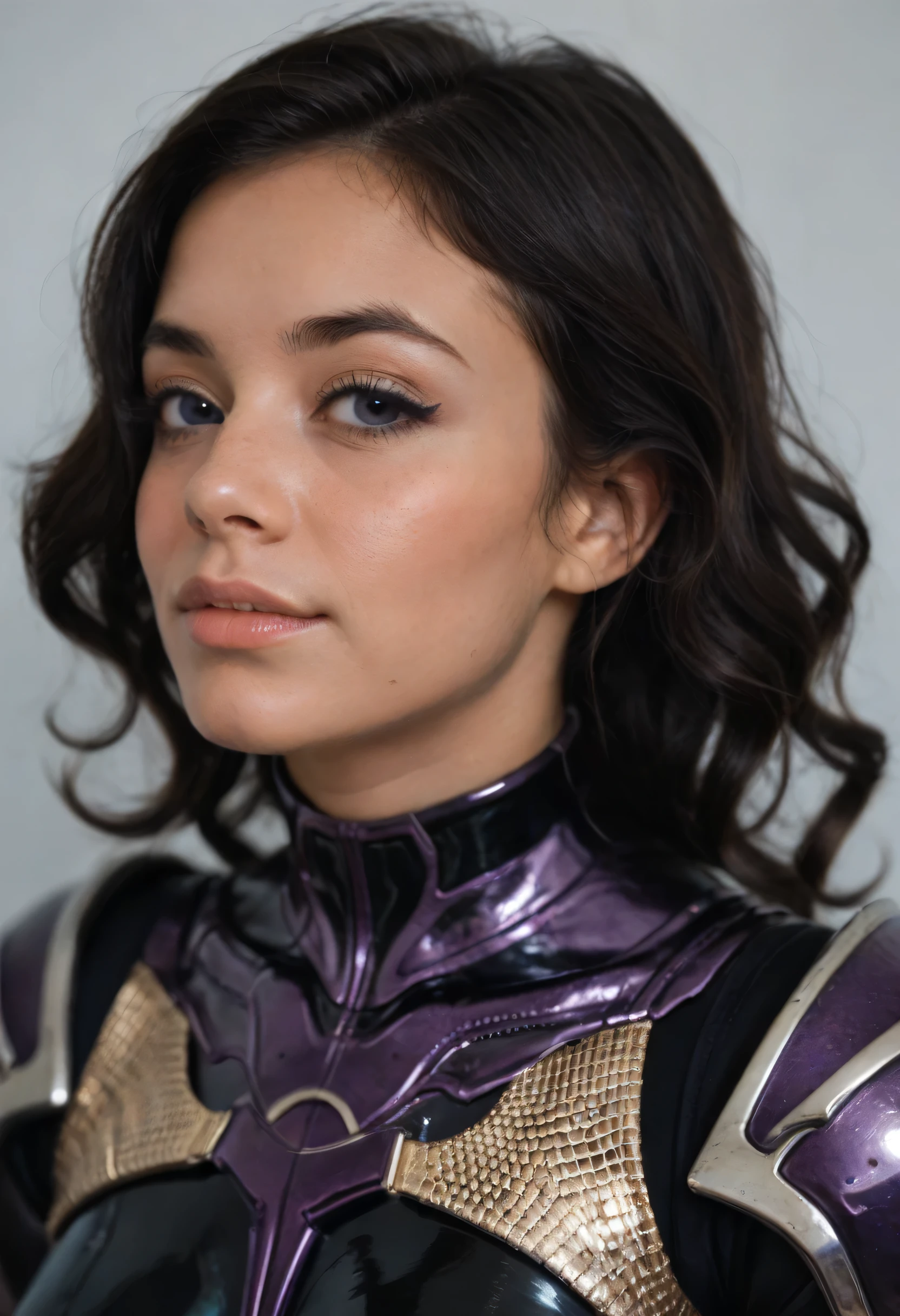 a woman with wavy black hair and purple eyes, black alien armor, parts, blush, eye shadow, pretty face