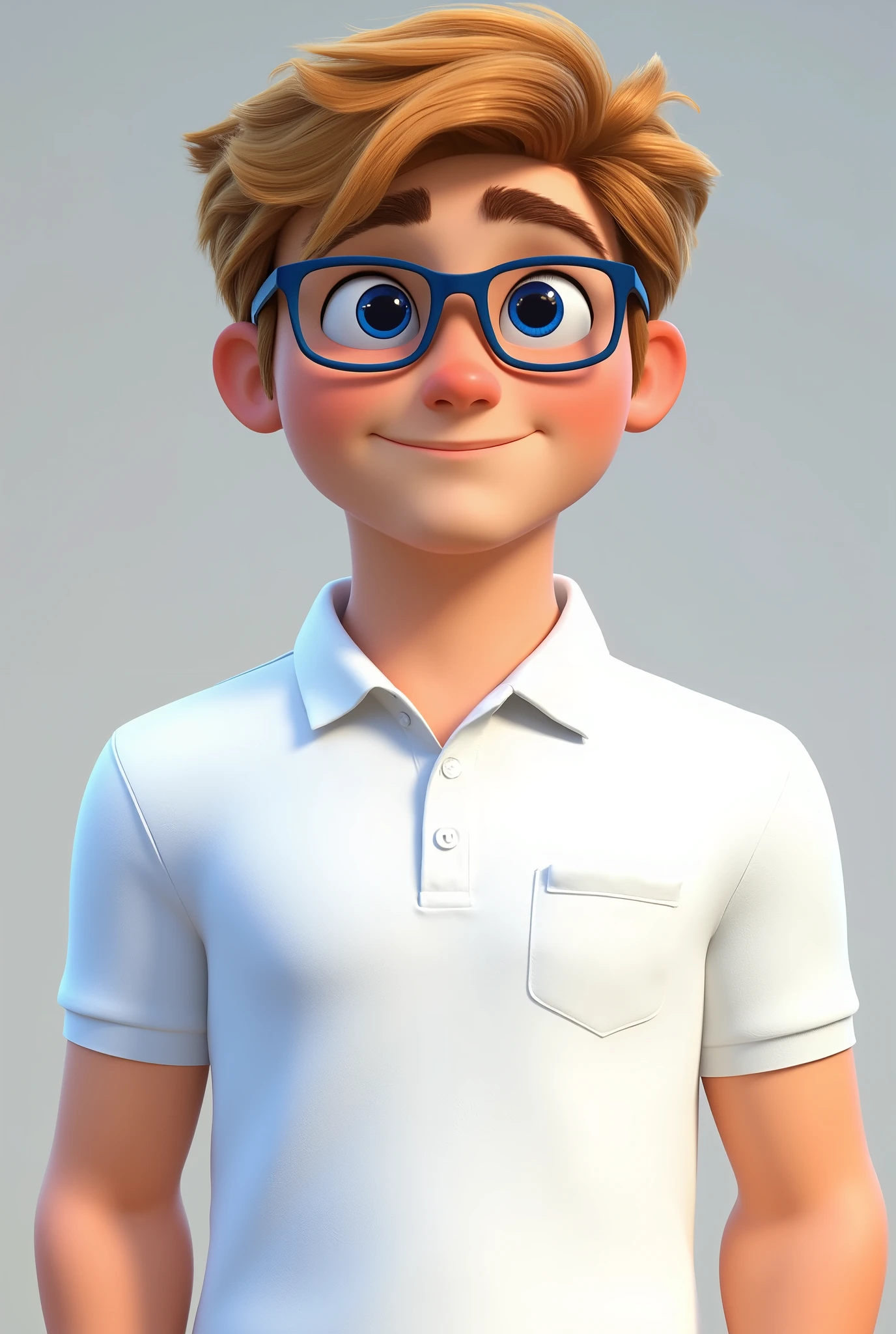 A man around 18 years old, white skinned with golden brown hair, also wearing blue prescription glasses, with a smile, dressed in a white polo shirt that has a pocket on the chest without any detail on the shirt or pocket, Pixar style character, 8k image