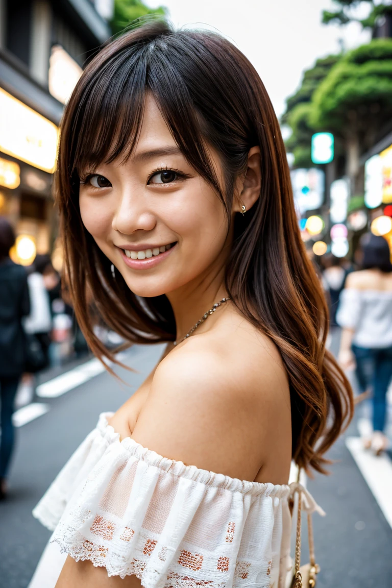 1 girl、in Tokyo street、Cityscape、Upper body、Close-up、Laughter、、(8k、RAW Photos、Highest quality、masterpiece:1.2)、(Realisticな、Photorealistic:1.37)、Highly detailed eyelash drawing、(((Best image quality))),Great tit、Fine skin, (Beautiful Hair), (perfection Anatomy), (Realistic), (Dynamic Angle), Seductive pose,perfection,Sensual look、Highest quality、High resolution、Smile、Chest、valley、