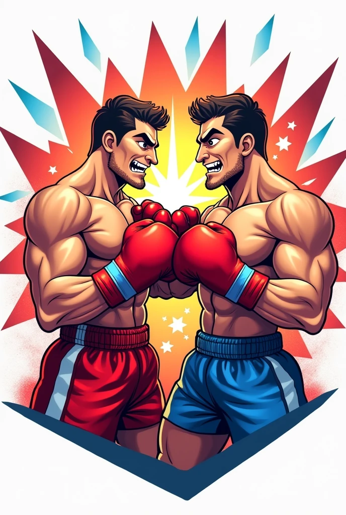 Create an image whose description is In a classic boxing ring, two stylized characters, representing the Soviet Union and the United States, are ready for the fight. to the left, there is a robust boxer with red attire and a red star on his belt, symbolizing the Soviet Union. On the right, another muscular boxer, wearing shorts with stripes and stars, representing the United States. Both are in exaggerated fighting stances, but with facial expressions that mix seriousness and humor, perhaps with defiant smiles.
