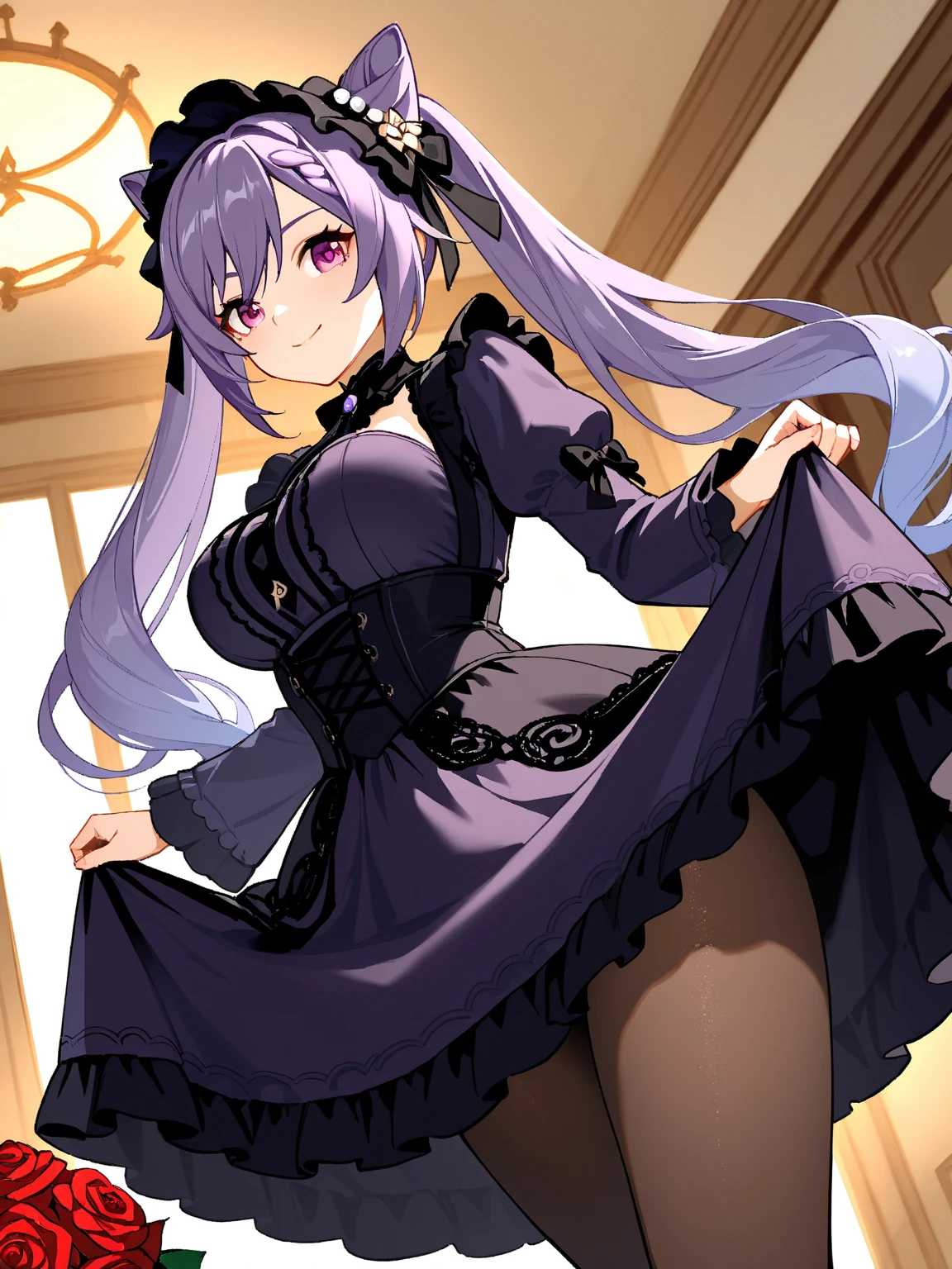 ((frederica bernkastel)) (best quality)), ((masterpiece)), (detailed), perfect face , dark blue hair, blunt bangs, hime cut, long hair, solo, 1girl, purple eyes, expressionless, gothic dress, lying, blue ribbon, spread arms, blank eyes, breasts, nipples