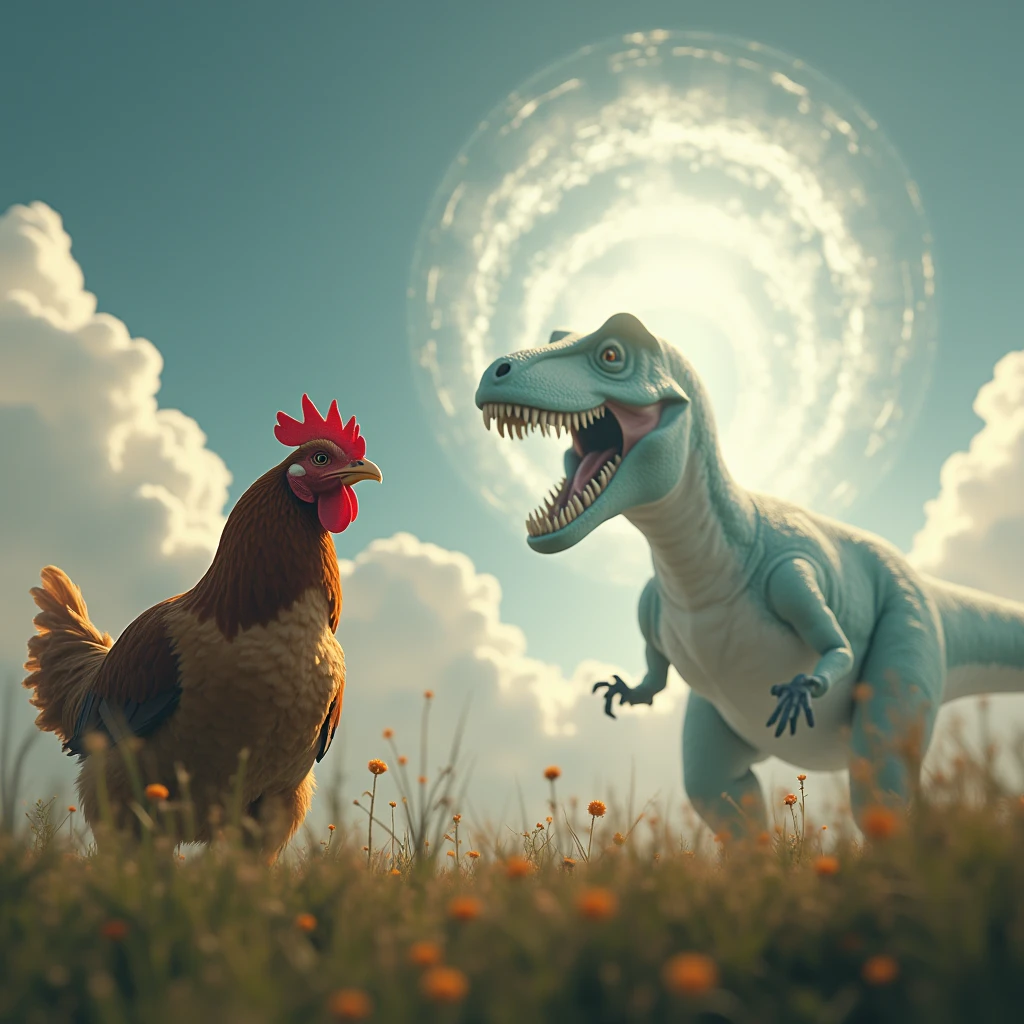 Chicken stands on grass at night in front of a ghost Tyrex