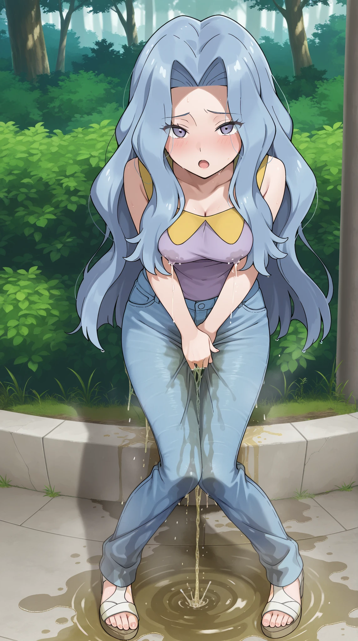 1girl, nsfw, furuderika, long hair, purple eyes, blue hair, blunt bangs, ,, , empty eyes , large breasts, nipple, Walking, , Abandoned Hospital frozen, , (Sweating profusely, Love juice, Wet Woman, female ejaculation) , crying ,, Naked, , (1girl) solo, Peeing, lactation, projectile lactation