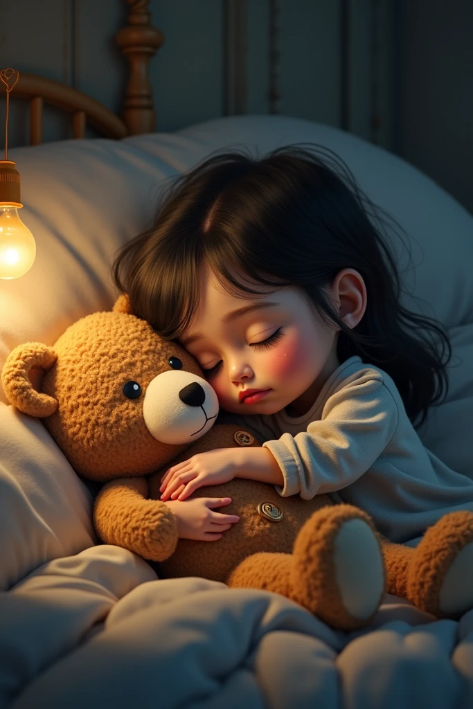 pillows sheets and a resting bear and a girl with curly hair and pigtails 