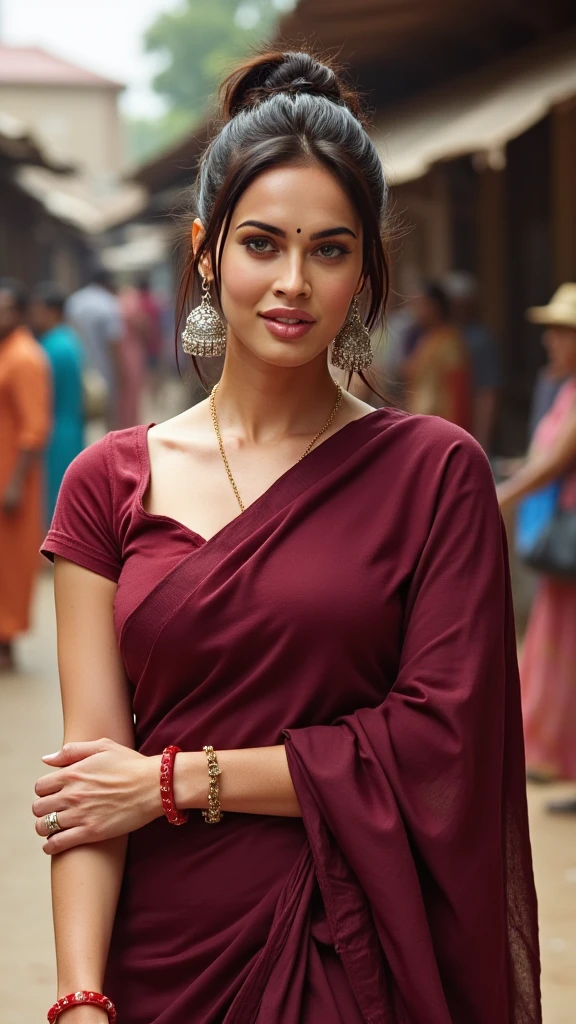 kylie jenner in sari standing in a narrow alley with a lot of people, gorgeous woman, dressed in a sari, wearing a sari, attractive girl, style steve mccurry, stunning woman, very beautiful woman, inspired by Steve McCurry, kylie hooft, portrait of kylie jenner, very attractive and beautiful, traditional beauty, ancient city streets behind her, kylie jenner portrait