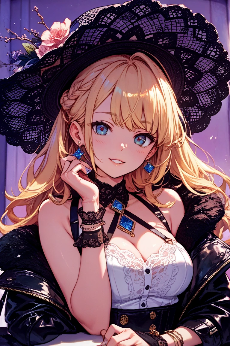 Adult Woman, Sexy Witch Cosplay, Long dark blonde wavy hair、off-shoulder knit, (Long flared skirt in dark blue), Medium milk, cute smile face、Bare shoulders、(Pose to lean forward and emphasize the chest)、(turned around)、sexy hips、Black High Heels、Luxurious magic wand and book、Church of the castle、sexy pose、(((The skirt is rolled up by the wind)))、Sexy black lace panties、You can see all the panties