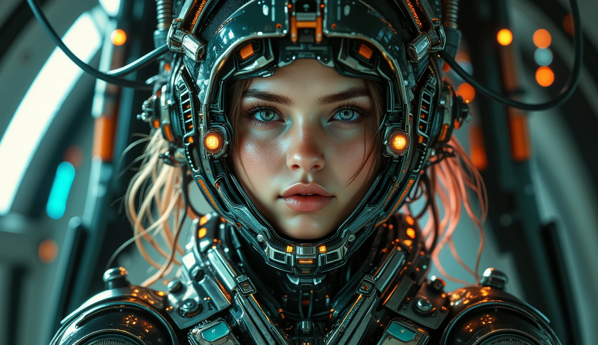 An ultra attractive and beautiful European woman. 23 years old. Sexy and voluptuous body shaped like an hourglass ( wavy hair of random colors ), Epic neckline ( Chest size 100E ) connected to a futuristic machine , science fiction, Tubes Leaving His Body , The spaceship Nostromo , general plan, strange machines , escher, they. R. Giger, Futuristic film for TV , in the style of body extensions , Norman Foster, elaborate, Dad on vacation , white, Absurd installations , Stanley Kubrick