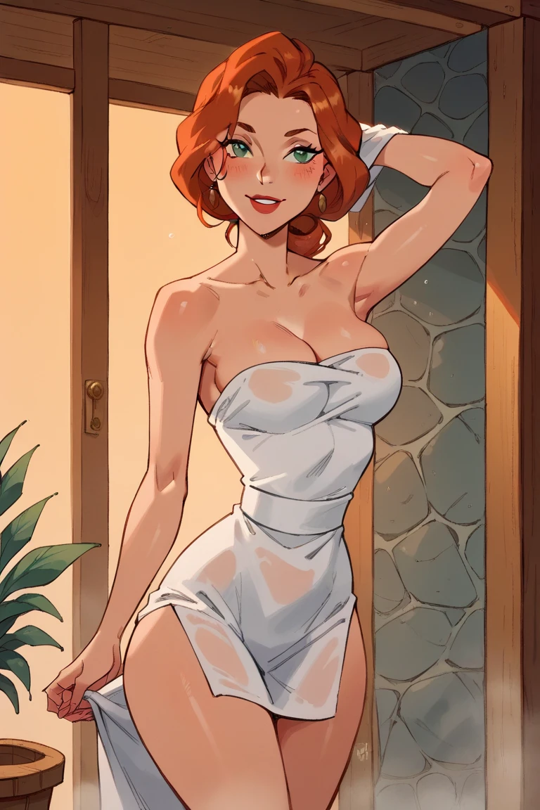 A beautiful girl with short orange hair, greeneyes, and earrings, wearing makeup and lipstick, and white leotard in curvy cartoon style, highy detailed, work of art, cowboy shot,Dexter's mother, beachfront, intrikate,Waist slender,Hands on waist, naked, witheout panties, with her pussy on camera
