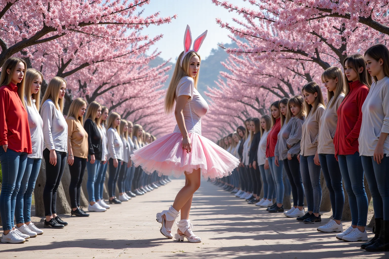 Pretty blonde woman dancing at May festival, Full body image