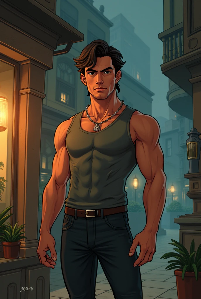 Crie um personagem masculino loiro com um terno loiro olho castanho com estilo rpg pouco musculo