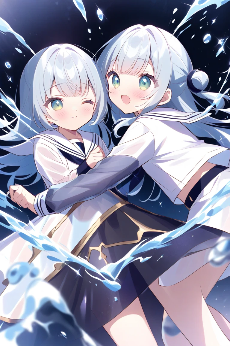 （Background with）， tmasterpiece， best qualtiy， illustration， the wallpaper， hyper-detailing， absurderes， 1girll， 独奏， （liquid hair：1.2）， beatiful detailed eyes，
By bangs， cow boy shot， long whitr hair， magical little girl， whaite hair， wave， Eau， water dripping， looking toward the viewer， wading，
（the street：1.5）， suns， mostly cloudy sky，Huge white breasts，Exposed light blue panties，Ass face audience