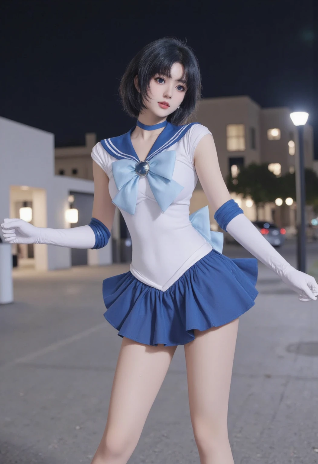 masterpiece, Highest quality, High resolution, Venus 1, One girl, alone, Sailor Warrior Uniform, Sailor Mercury, Mizuno Ami, Blue Hair, Magical girl, blue eyes, Blue Skirt, Elbow hand pockets, tiara, Pleated skirt, Hair Ribbon, Blue Sailor Collar, mini skirt, choker, blue choker, White gloves, Short Hair,  jewelry,  Earrings, Cowboy Shot,More detailed 8K.Unreal Engine:1.4,超High resolution,La Highest quality:1.4, Realistic:1.4, Skin Texture:1.4, masterpiece:1.8,first work, Highest quality,Object Object], (Detailed facial features:1.3),(Fine hand:1.4),(Apocalyptic destroyed cityscape:1.4)