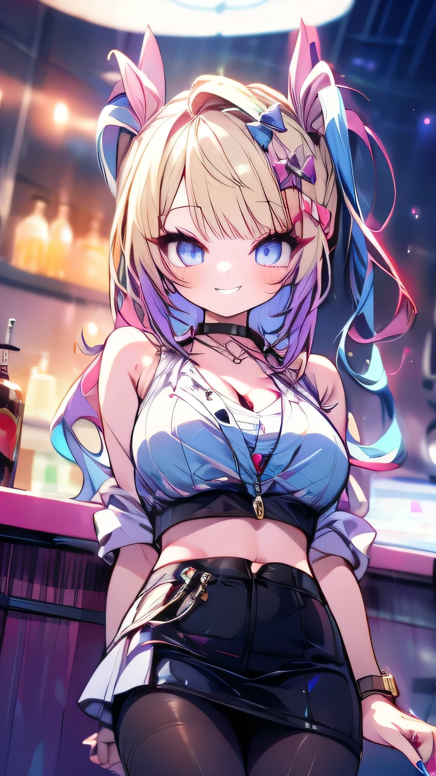 1girl abpart arm_up black_choker blonde_hair breasts choker cleavage crop_top electronic_cigarette fake_nails grin gyaru hair_ornament hairclip highres jacket large_breasts looking_at_viewer midriff miniskirt mole mole_on_breast multiple_piercings original pantyhose purple_eyes purple_nails skirt smile solo torn_clothes torn_pantyhose v
