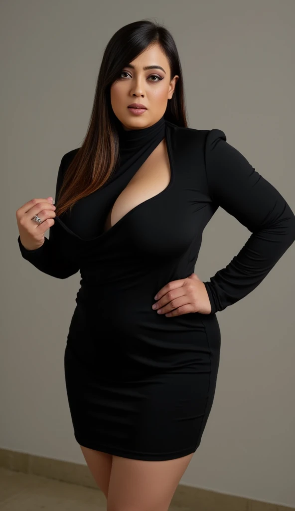 a girl with a curvy body walks along the road in a long black dress to the ground with an asymmetrical shoulder long sleeve on her right hand on her left hand a bracelet of black beads. light brown wavy bob haircut