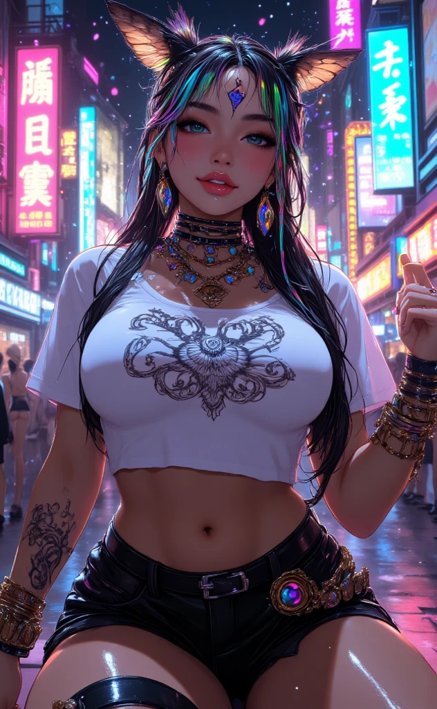 Iroha from Samurai Shodown VI,as a manga style 3d bikini anime look, very big eyes as a open outfit and, graffiti background of neon usa doomed street, laying on road clevage show, Miki Asai Macro milk and raspberry, very big breast background, epic royal background, big royal uncropped crown, royal jewelry, robotic, nature, full shot, symmetrical, Greg Rutkowski, Charlie Bowater, Beeple, Unreal 5, hyperrealistic, dynamic lighting, fantasy art