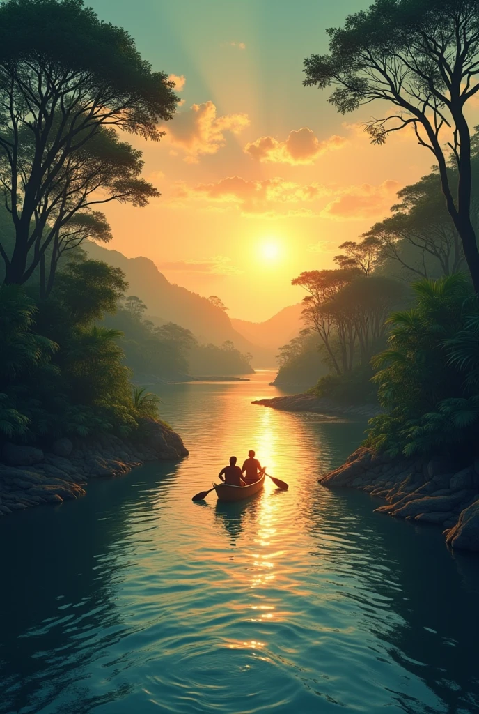 Natural landscape of Brazilian fauna with animals, water, canoe and with a different sunset