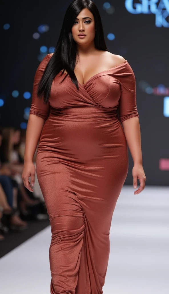 Supermodel walking on a catwalk, full body photo, wearing a sexy dress, thick woman, thick thighs, nice cleavage, untoned body, soft body