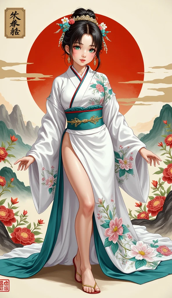 A woman in her fifties wearing a red and white kimono decorated with sunflowers, 古代Chinese Costumeを着て, Hanfu, palace , a girl in Hanfu, Traditional Chinese clothing, Ancient Chinese Princess, white Hanfu, Tang Dynasty, Wearing a luxurious silk cloak, Traditional Chinese, 古代Chinese Costumeを着て, Chinese Costume, Wearing gorgeous silk clothing, Empress of China, Ancient Chinese Beauties She exposes her nipples