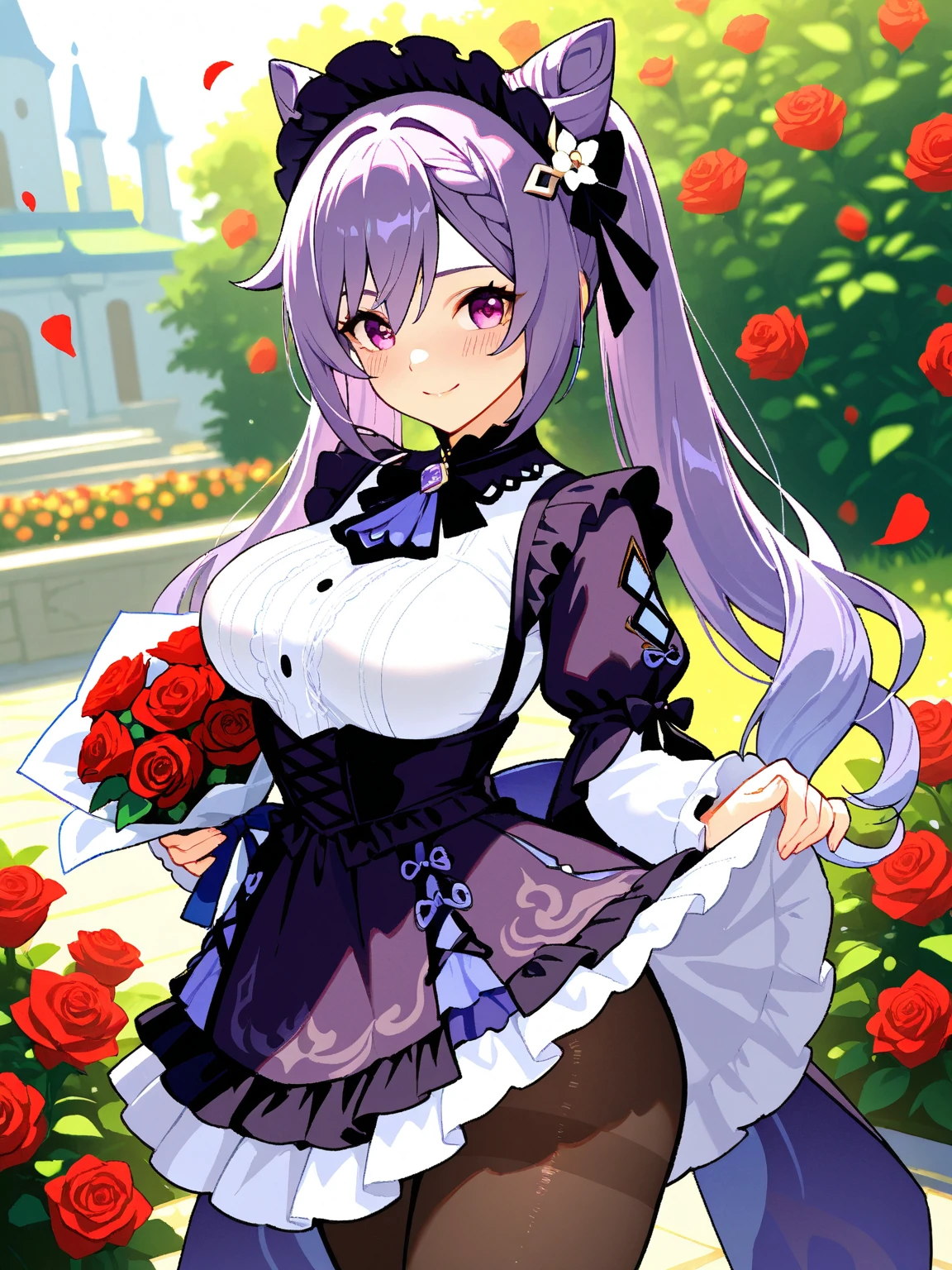 (masterpiece:1.2、top-quality), Anime Face、Purple hair、Hair、Autumn costumes、1 girl in、She looks happy and holds a bouquet of flowers in her hand as a gift、Looking here、Glittery and colorful background
