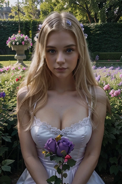 hyper-realistic blond women, 20 years old, big breasts, long bright blonde hair, blue eyes, happy smile, extremely sexy, athletic female figure black wall in background, floral decorations in background, lot of flowers, flowers everywhere behind the girl, seductive pose, girl wearing a wreath of wild flowers on her head, wearing a beautiful gold necklace, lingerie in purple color,