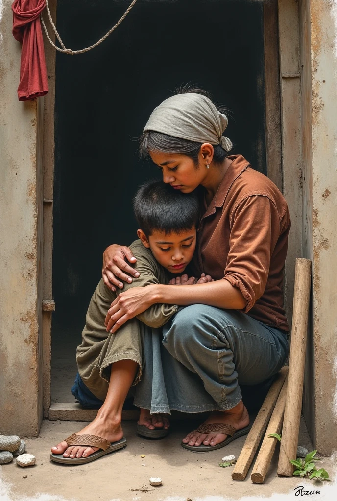 A woman who crying, a boy hungry sleep on the floor, a lot of flag of haiti on the floor