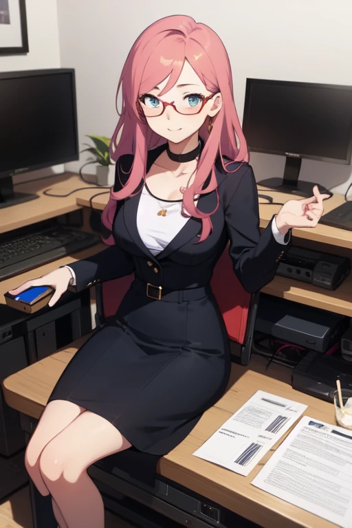 masterpiece, 1girl, pink hair, long hair, cleo, office girl dress, wearing glasses, sit, chair, table, office, typing computer, focus on computer
