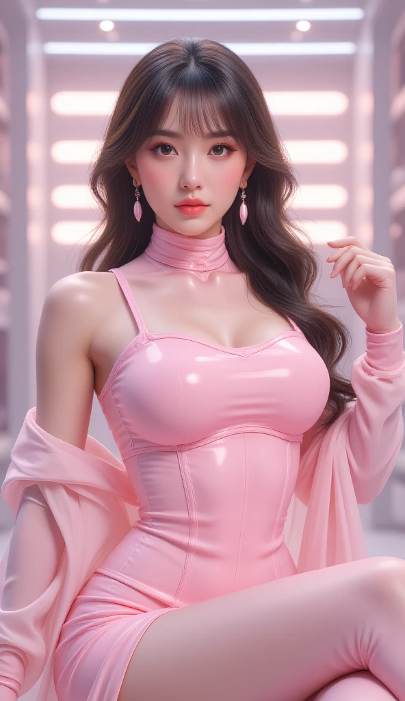 Virgin-killing sweater,Procuracy,  ((cowboy shot)), 8K Ultra HD, masterpiece, best quality, A beautiful girl, Long hair, Impressive hairstyle, shining, Radiant Skin, Pink Lights, Space background