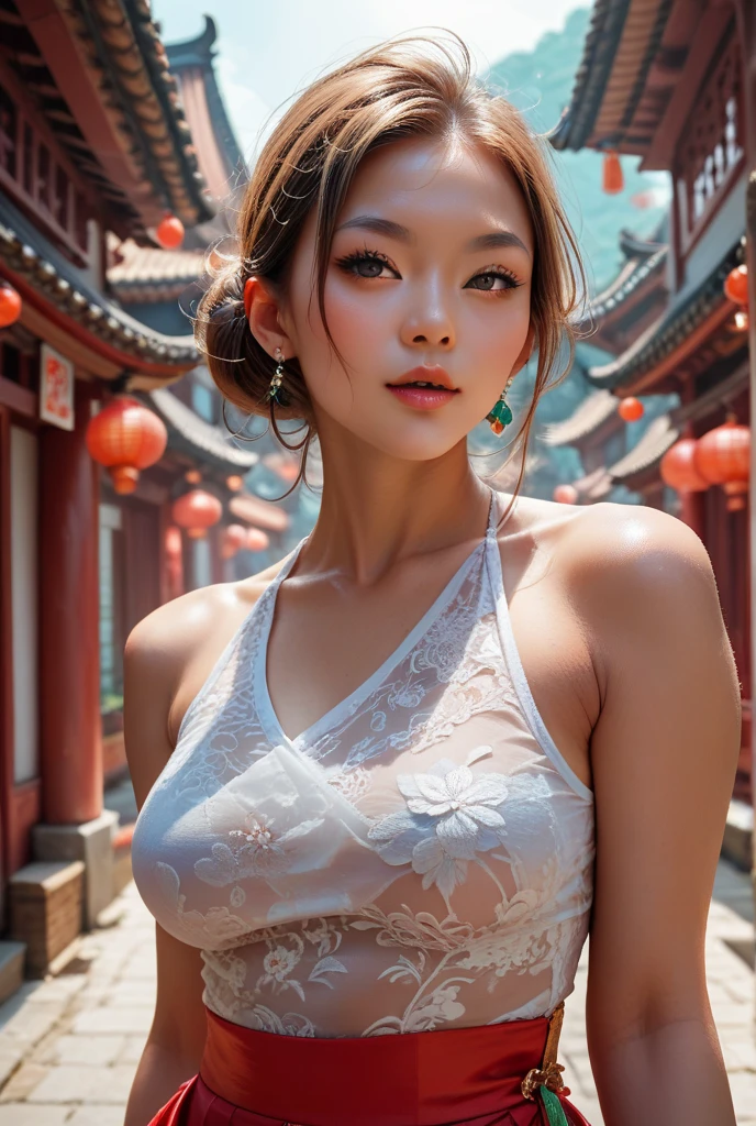 (8k, RAW photo, realistic photo: 1.25), (lip gloss, eyelashes, glossy face, glossy skin, best quality, super high resolution, depth of field, chromatic aberration, caustics, wide lighting, natural shadow, Kpop idol), looking at the audience, transparent white clothes, black curly hair, pink high heels, ((gold jewelry)), buns, bandages, cherries, bamboo poles, ((huge, lower chest, side chest): 1.3), (mesh clothes, mesh clothes, transparent clothes), ((see-through)), see-through clothing --auto --s2